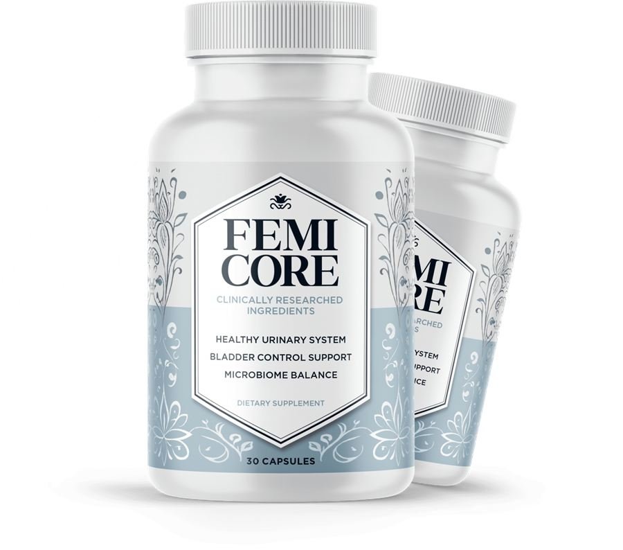 FemiCore bladder support capsule bottles, manufacturer packaging